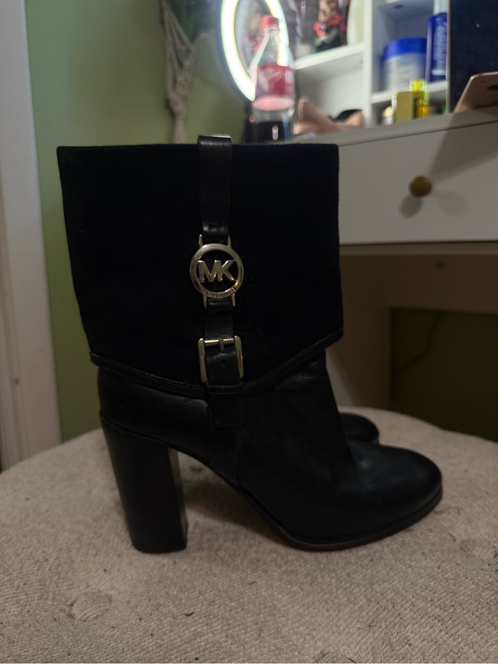 Michael Kors Black Leather Fold-Over Heel Boots with Gold MK Accent